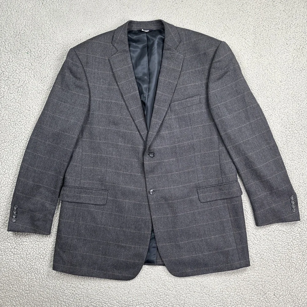 Botany 500 Allan Blazer Men 46L Blue‎ Windowpane Plaid Lambswool Sport Coat